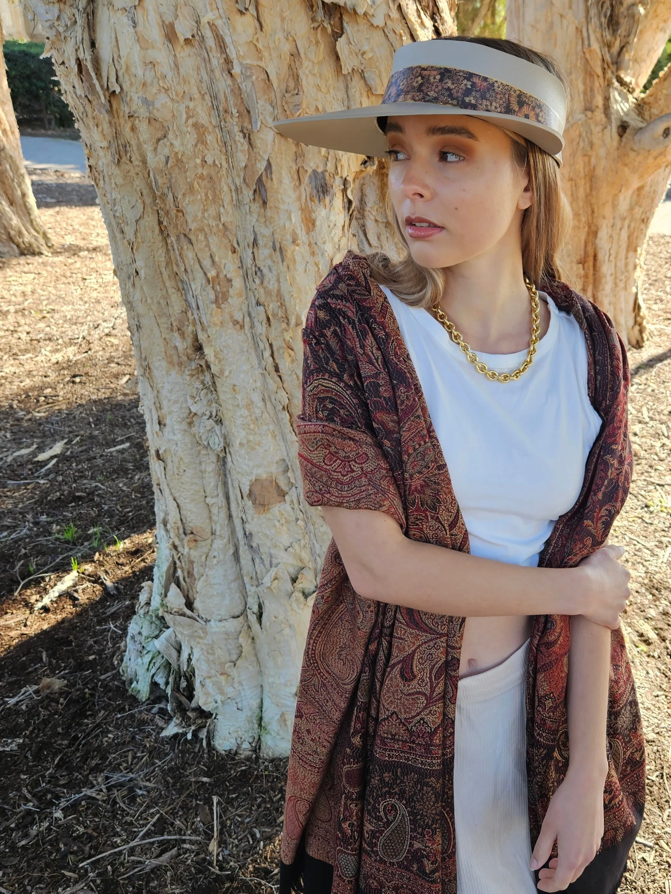 Taupe "LadyEVA" Visor Hat with Warm Brown and Rust Floral Band