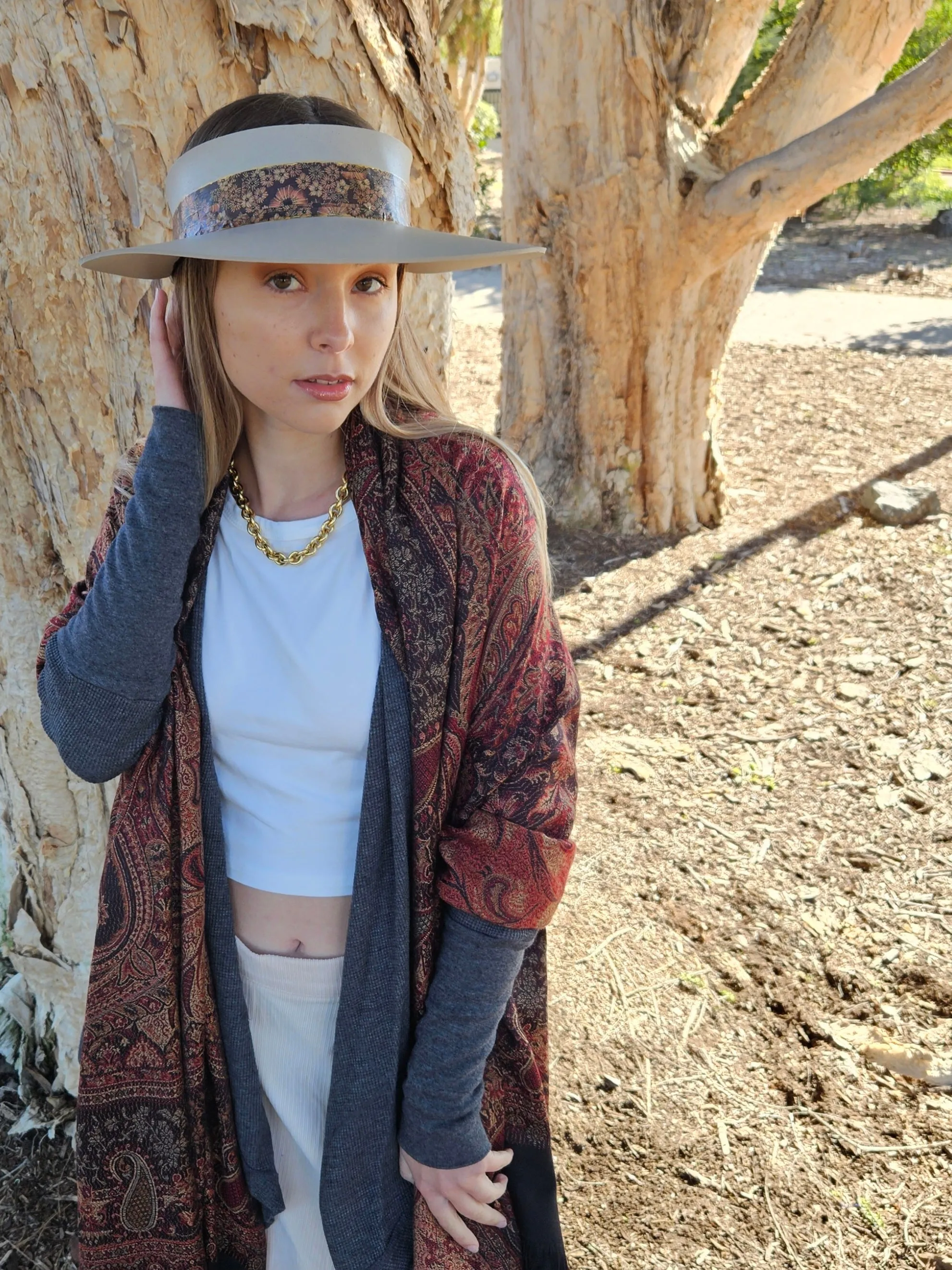 Taupe "LadyEVA" Visor Hat with Warm Brown and Rust Floral Band