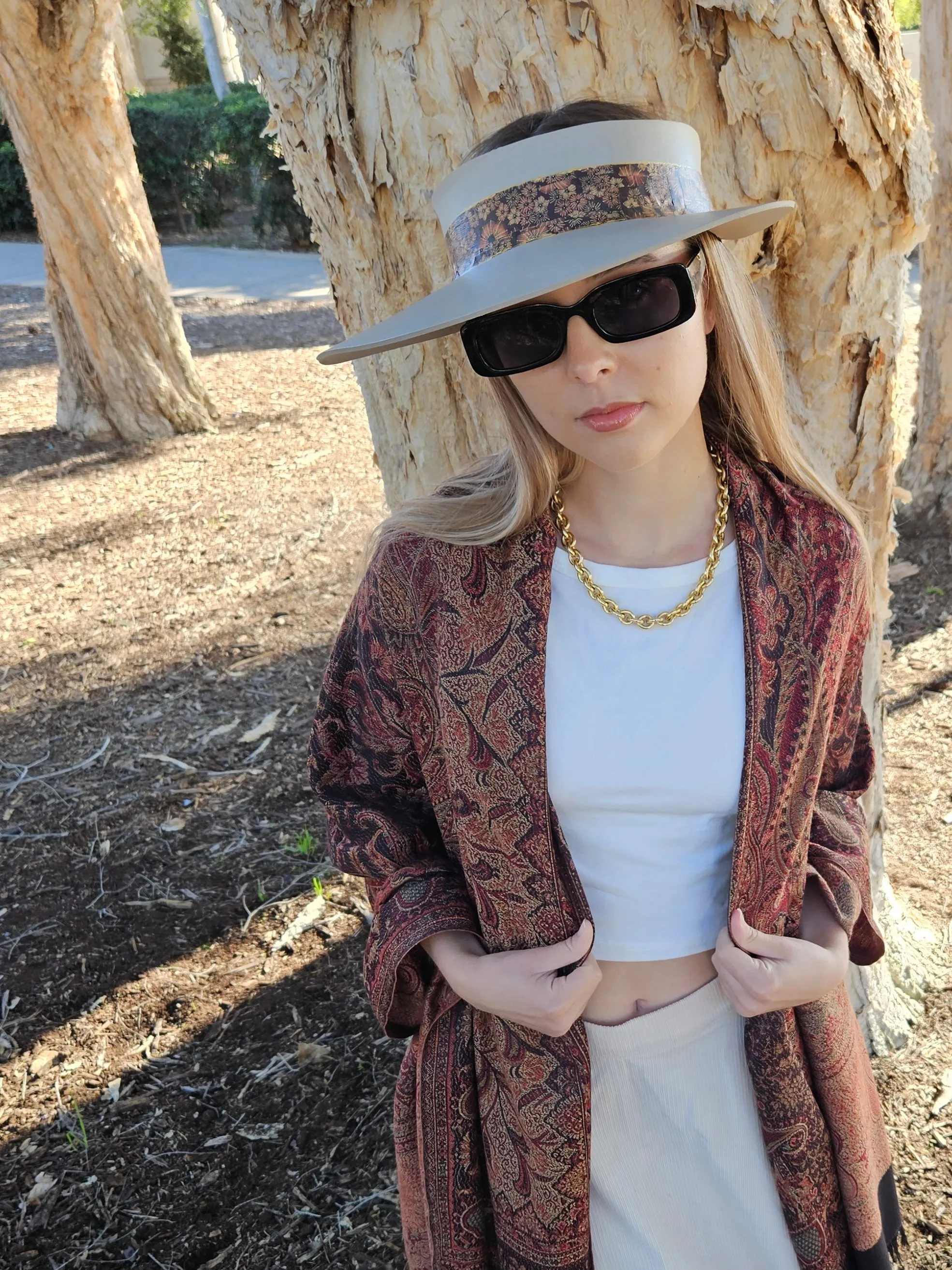 Taupe "LadyEVA" Visor Hat with Warm Brown and Rust Floral Band