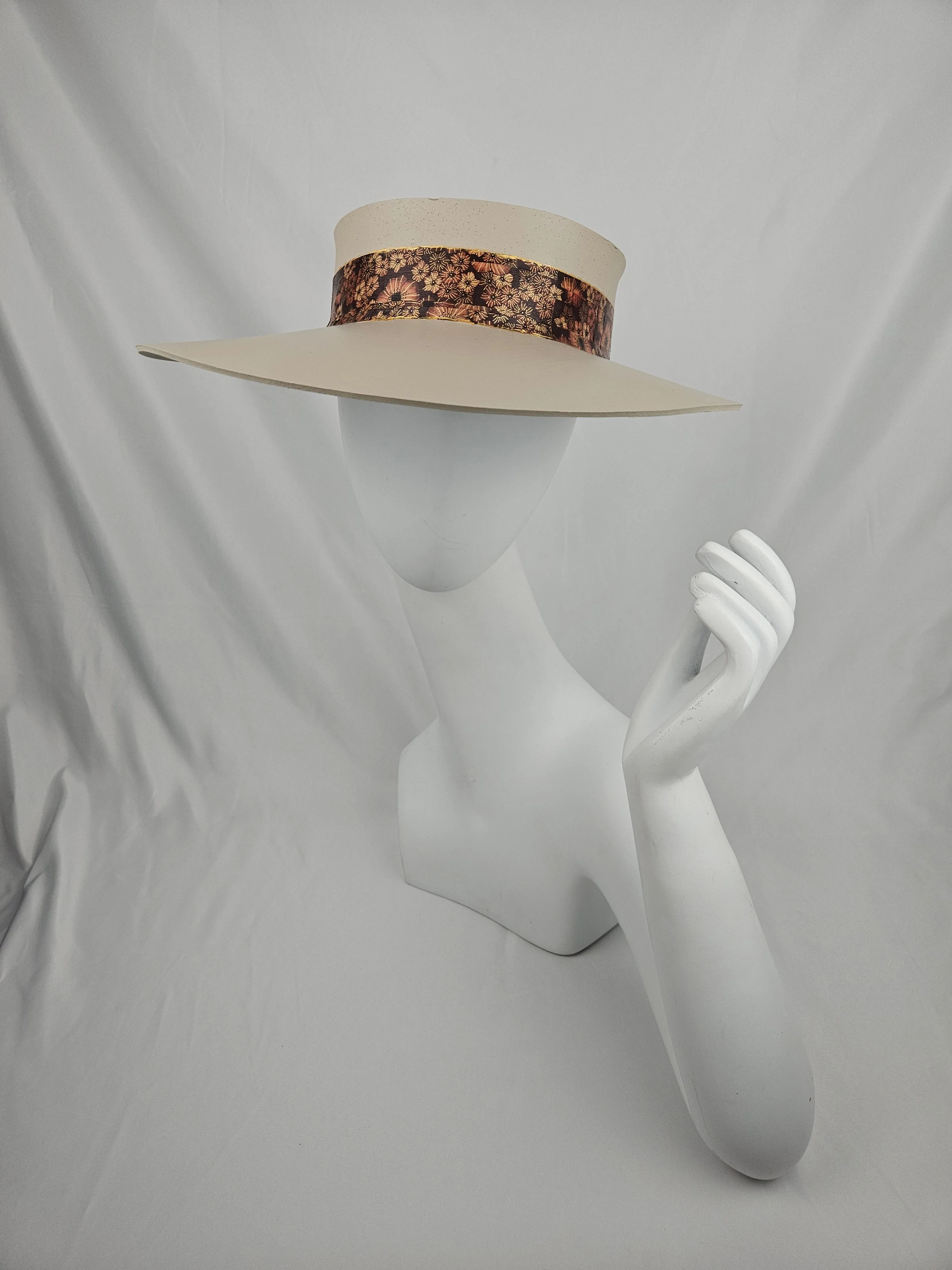 Taupe "LadyEVA" Visor Hat with Warm Brown and Rust Floral Band