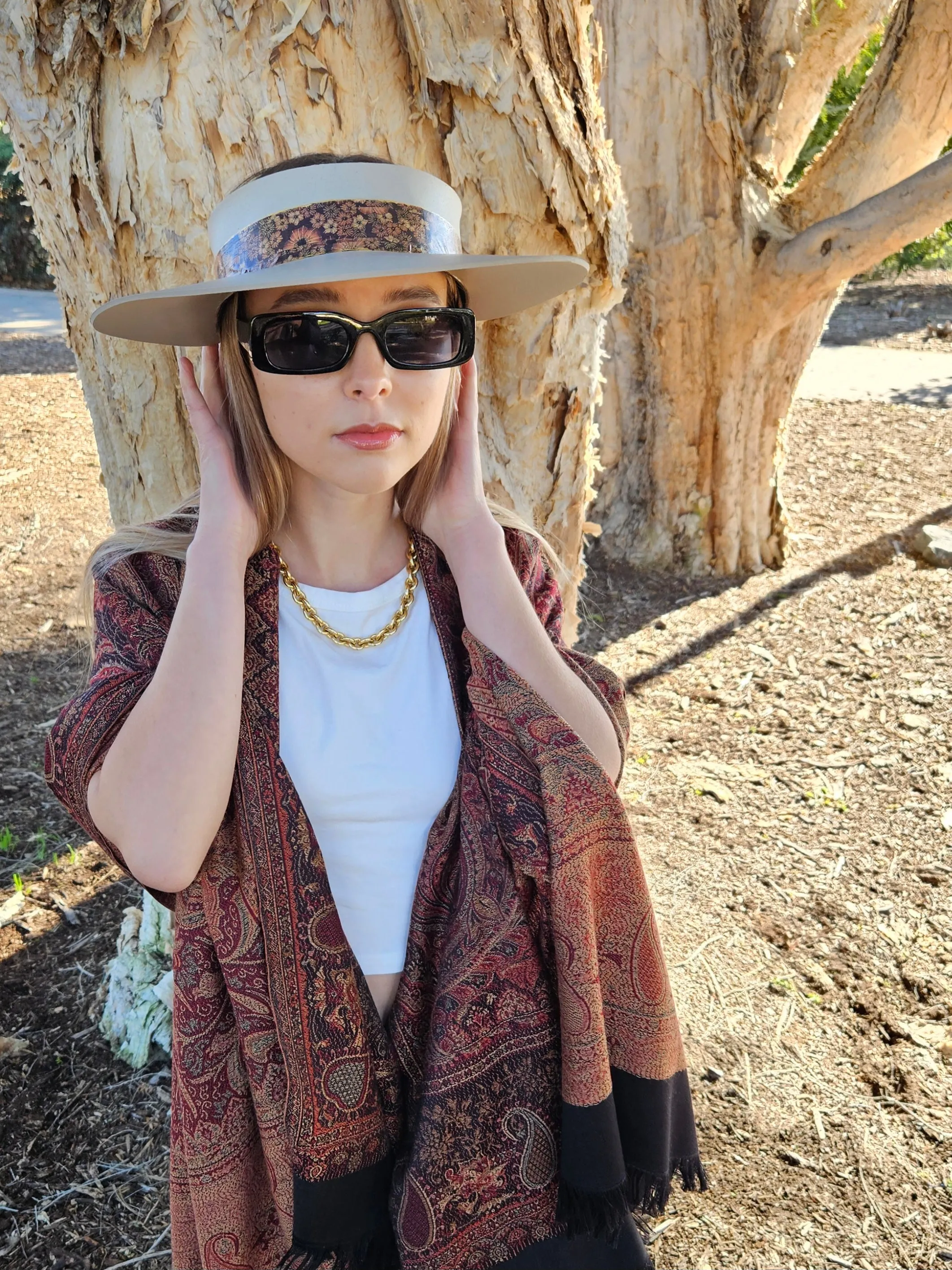 Taupe "LadyEVA" Visor Hat with Warm Brown and Rust Floral Band