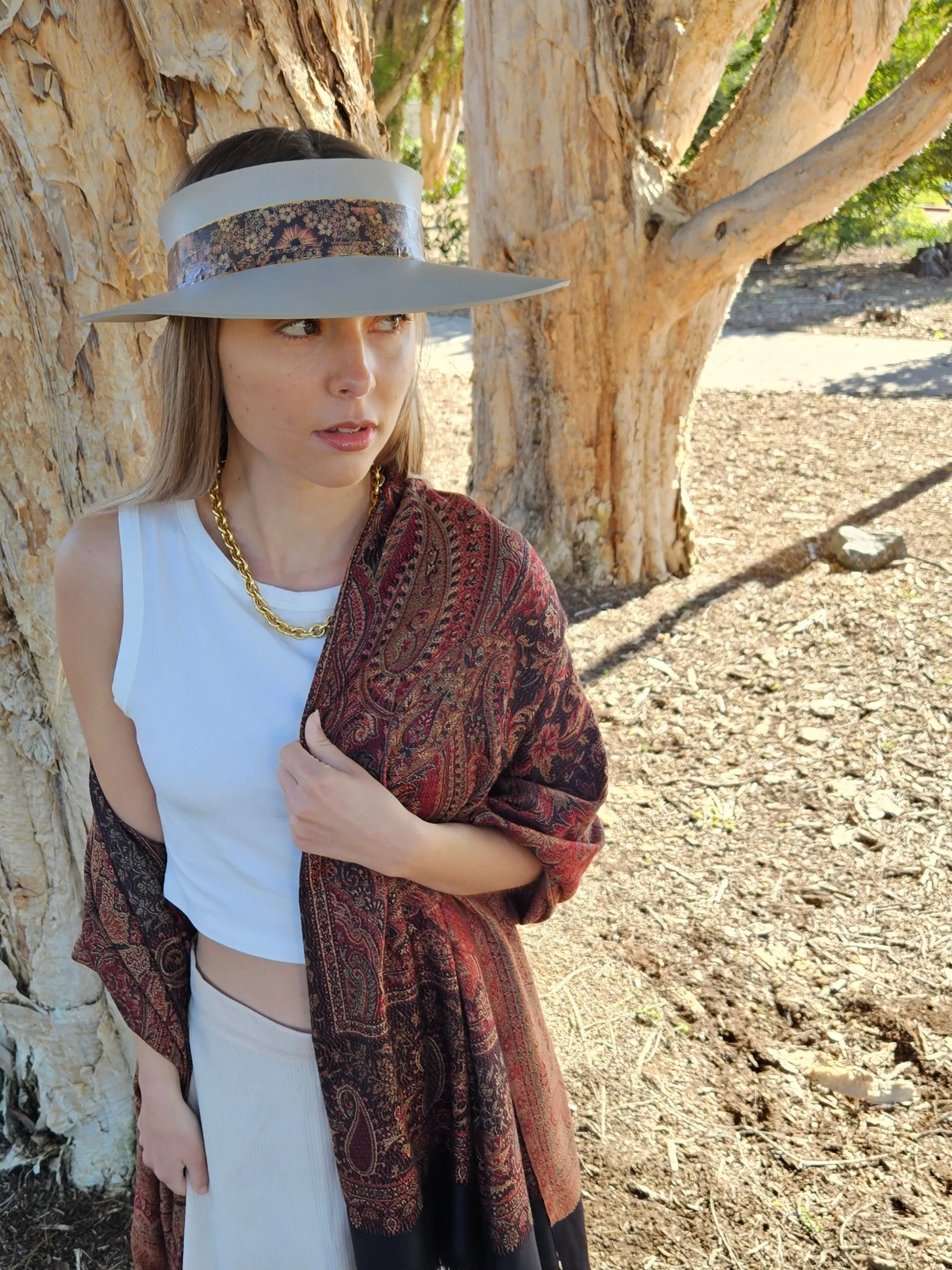 Taupe "LadyEVA" Visor Hat with Warm Brown and Rust Floral Band