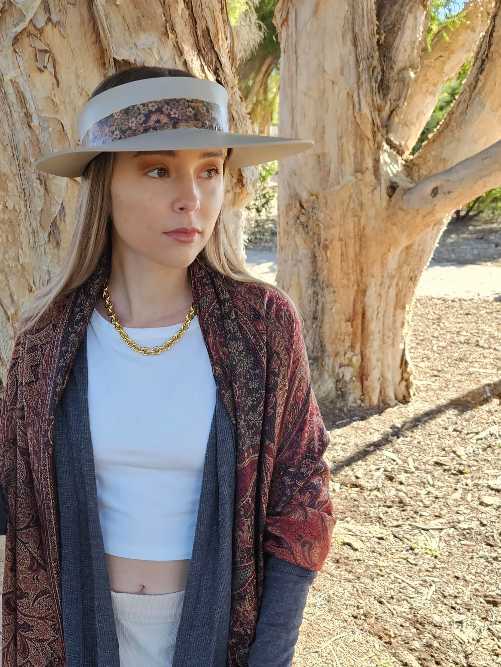 Taupe "LadyEVA" Visor Hat with Warm Brown and Rust Floral Band