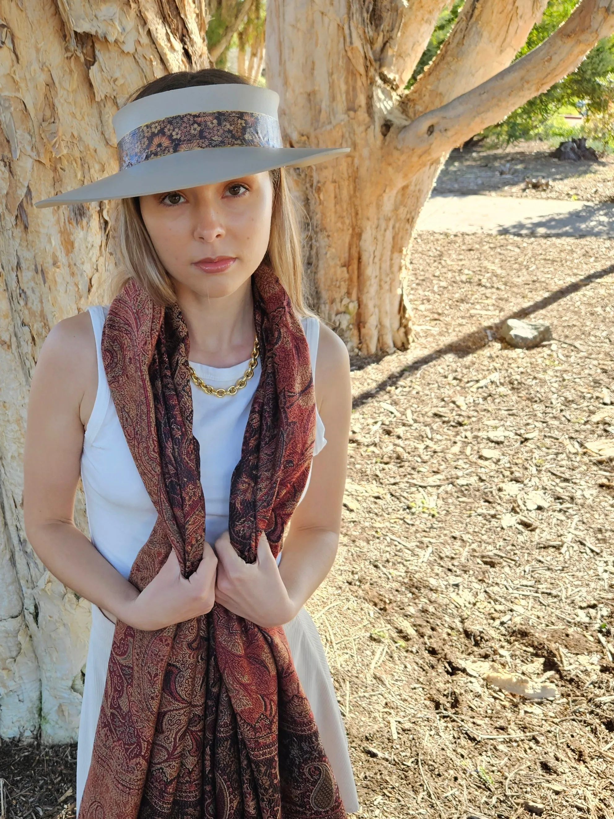 Taupe "LadyEVA" Visor Hat with Warm Brown and Rust Floral Band