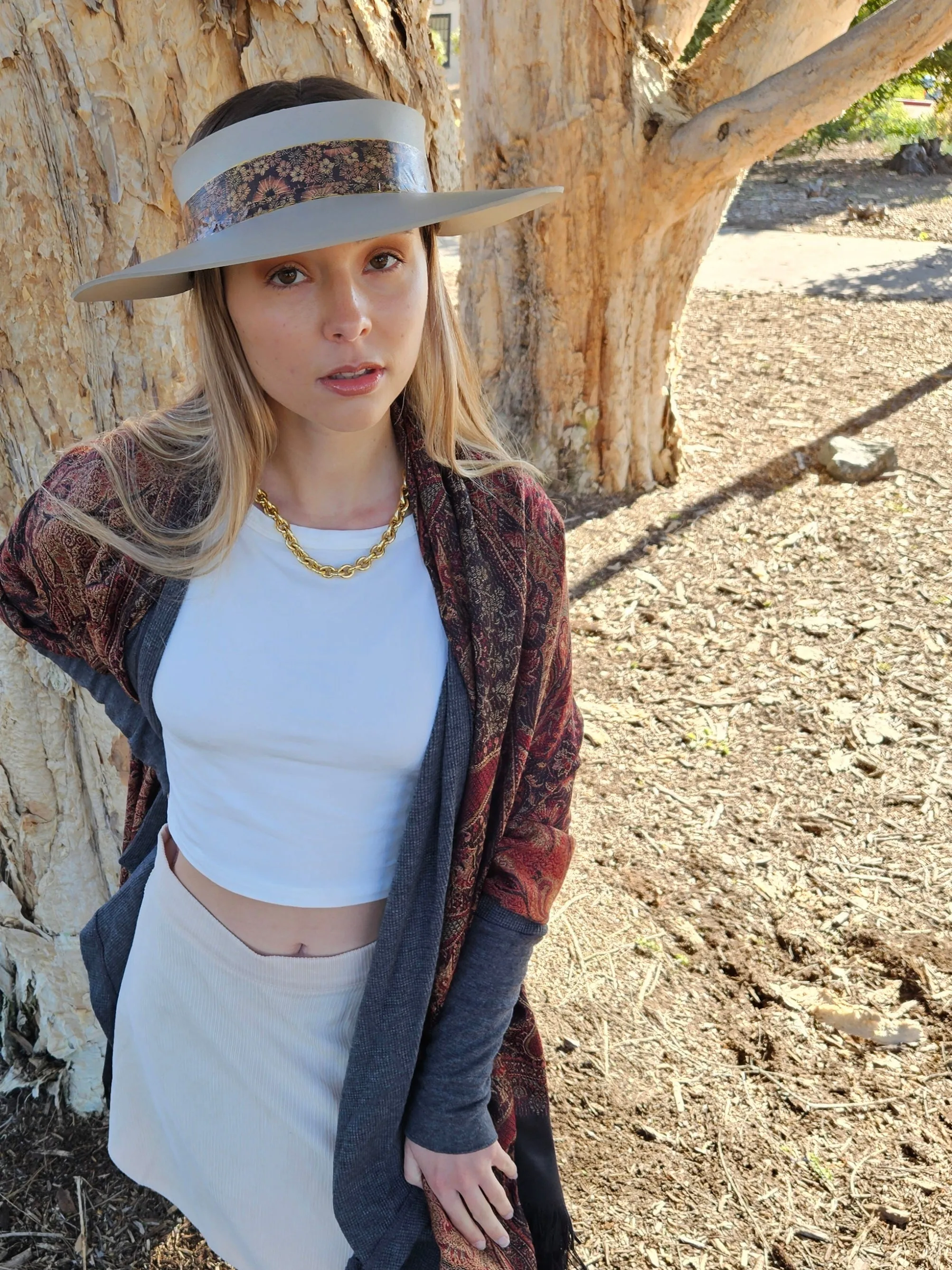 Taupe "LadyEVA" Visor Hat with Warm Brown and Rust Floral Band