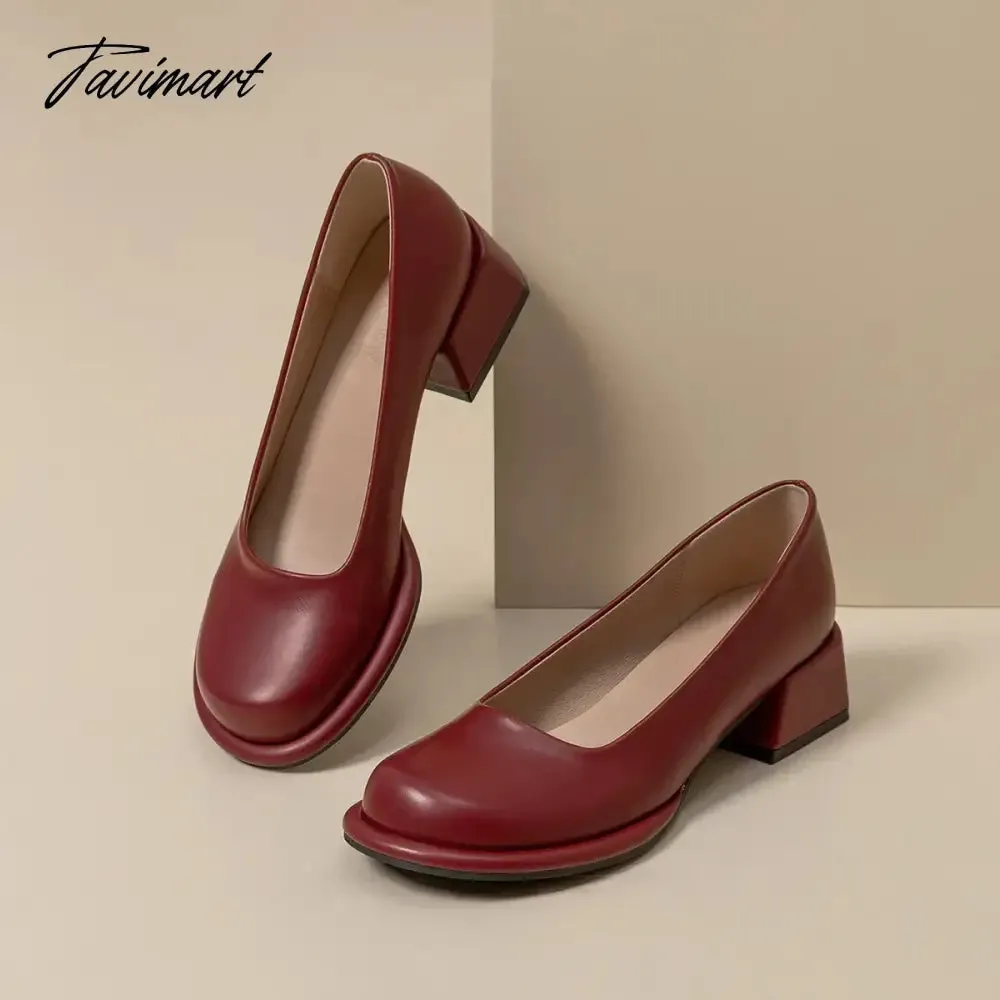 Tavimart Wine-red shoes with thick heels in spring of 2024, new female high-grade round head retro fairy wind Mary Jane wedding shoes.