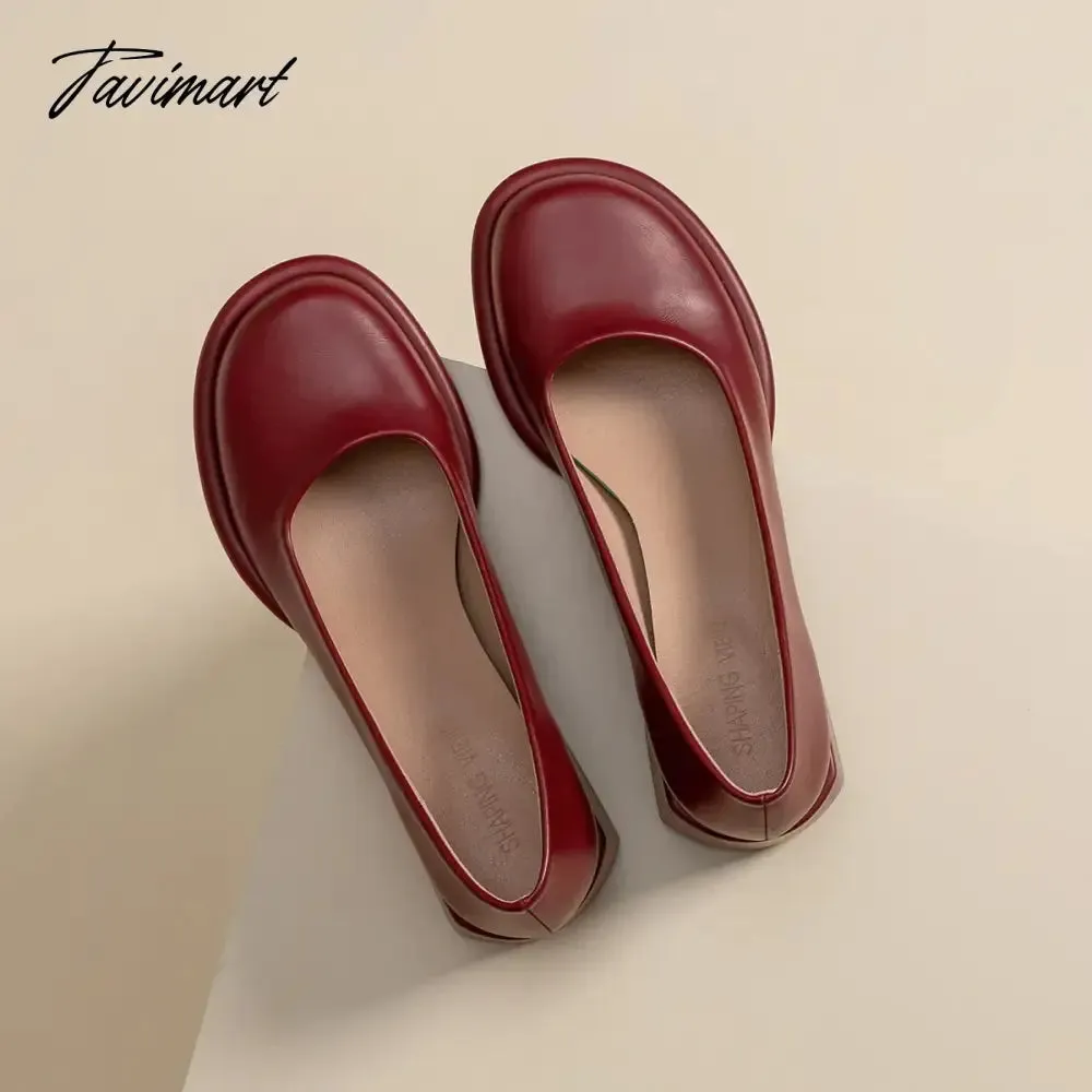 Tavimart Wine-red shoes with thick heels in spring of 2024, new female high-grade round head retro fairy wind Mary Jane wedding shoes.