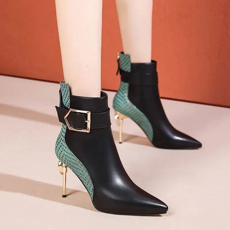 Two Tone Belt Buckle Soft Leather Super High Heels Shoes