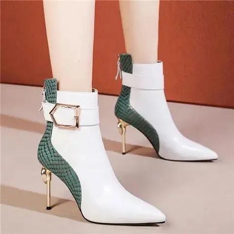 Two Tone Belt Buckle Soft Leather Super High Heels Shoes