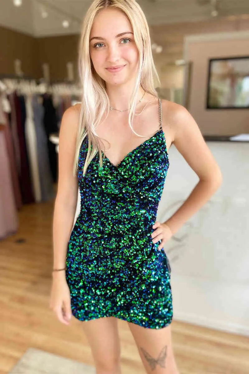 V Neck Chain Straps Green Sequins Mini Homecoming Dress Cocktail Dresses Short