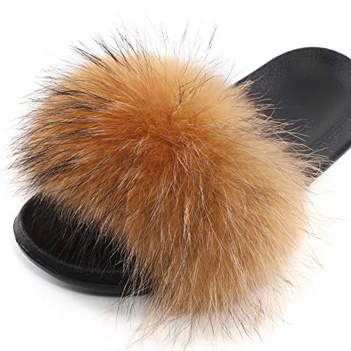 Valpeak Fur Slippers Slides For Women Open Toe Fuzzy Fur Slippers Girls Fluffy House Slides Outdoor (Natural,8-9 )