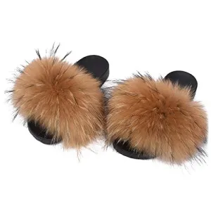 Valpeak Fur Slippers Slides For Women Open Toe Fuzzy Fur Slippers Girls Fluffy House Slides Outdoor (Natural,8-9 )