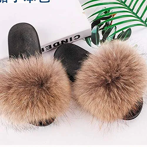 Valpeak Fur Slippers Slides For Women Open Toe Fuzzy Fur Slippers Girls Fluffy House Slides Outdoor (Natural,8-9 )