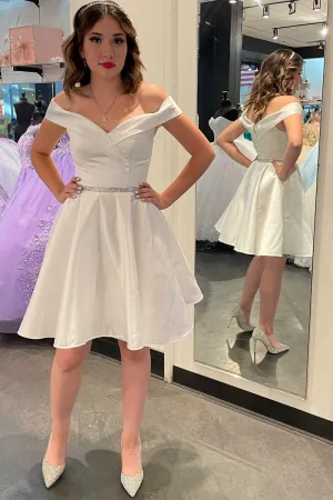 White A-Line Short Homecoming Dress,Off the Shoulder Satin Short Prom Dresses