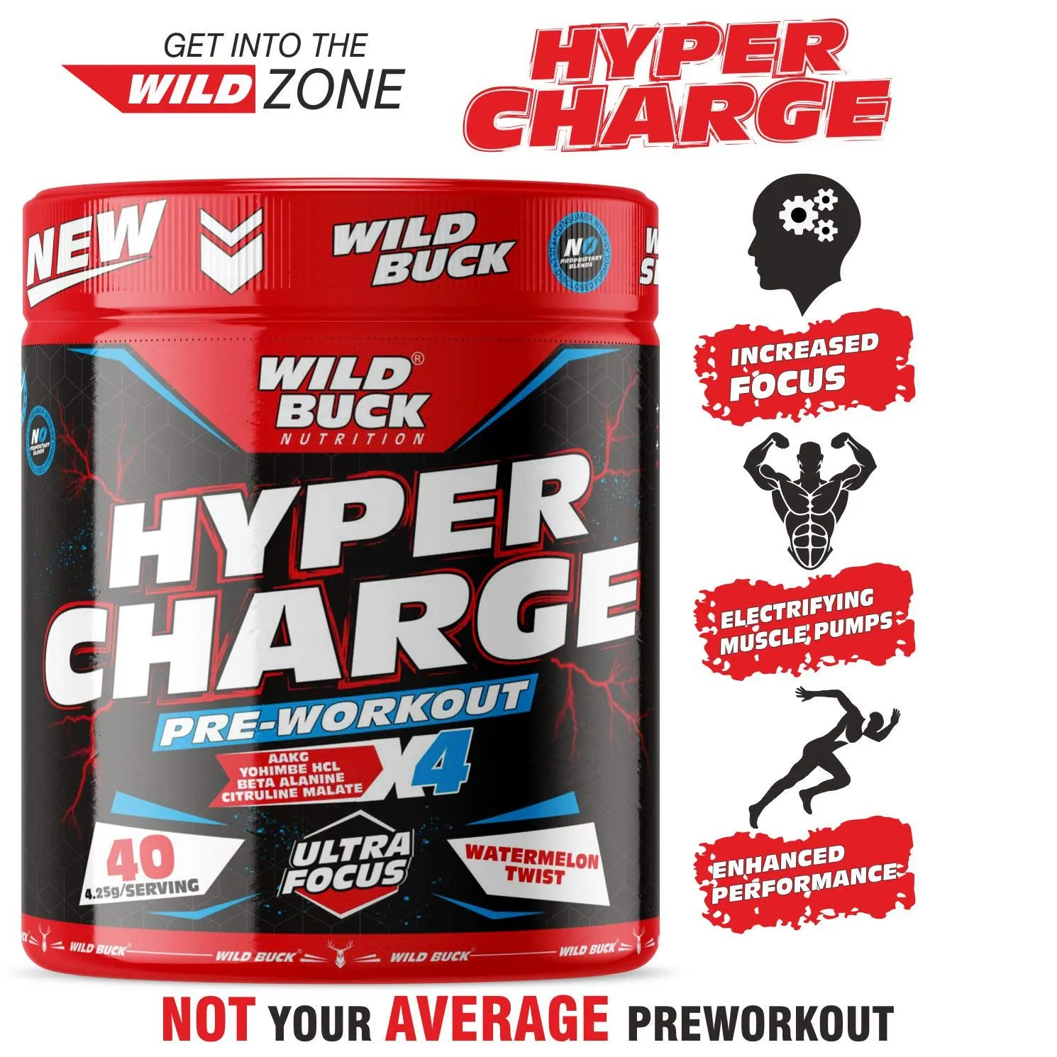 WILD BUCK Wild Pre-X4 Hardcore Pre-Workout Supplement Powder with Creatine Monohydrate, Arginine AAKG, Beta-Alanine, Explosive Muscle Pump, Caffeinated -For Men,Women [40 Servings, Watermelon Twist]