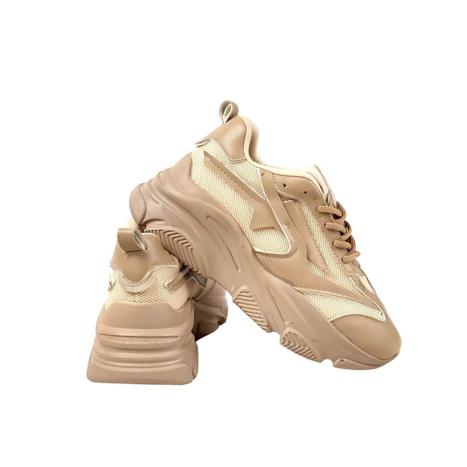 Women's beige high-soled mesh detailed sneakers daily sports shoes