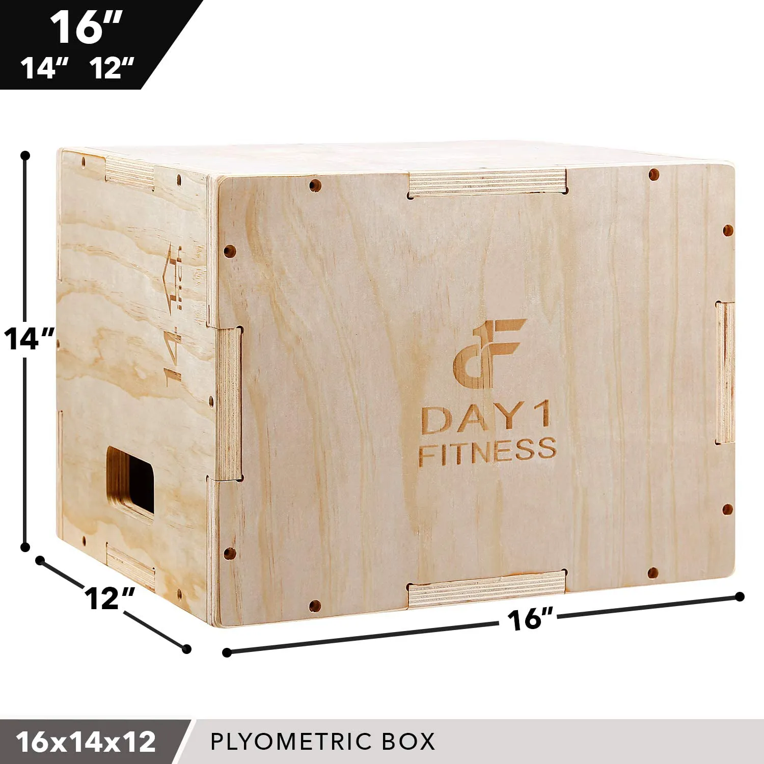 Wood Plyometric Box by Day 1 Fitness - 4 SIZE OPTIONS (16x14x12, 20x18x16, 24x20x16, OR 30x24x20) - 3-in-1, for Crossfit Training, Jumps - Heavy-Duty, Non-Slip Plyo Boxes, Rounded Corners for Safety