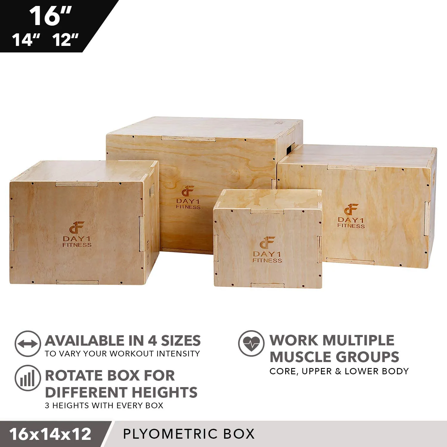 Wood Plyometric Box by Day 1 Fitness - 4 SIZE OPTIONS (16x14x12, 20x18x16, 24x20x16, OR 30x24x20) - 3-in-1, for Crossfit Training, Jumps - Heavy-Duty, Non-Slip Plyo Boxes, Rounded Corners for Safety