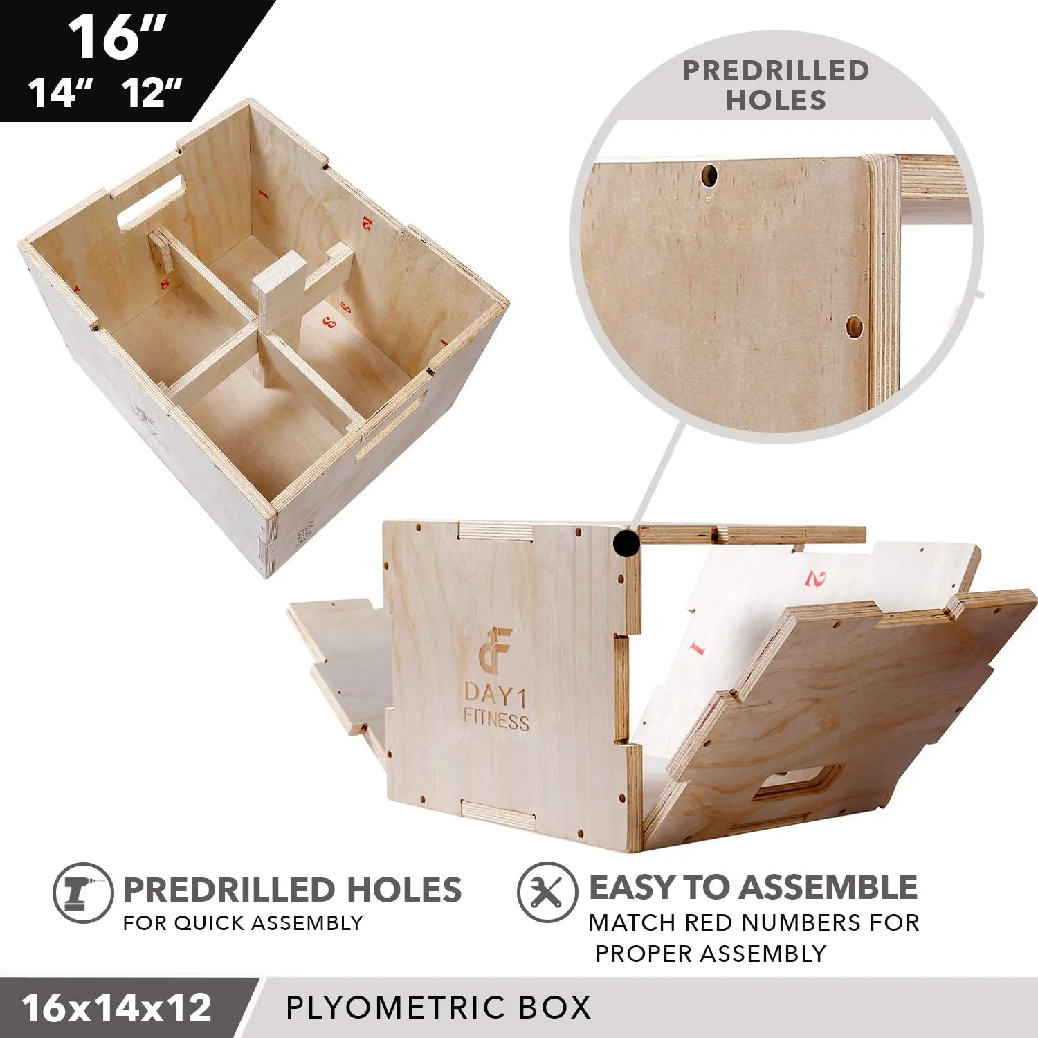 Wood Plyometric Box by Day 1 Fitness - 4 SIZE OPTIONS (16x14x12, 20x18x16, 24x20x16, OR 30x24x20) - 3-in-1, for Crossfit Training, Jumps - Heavy-Duty, Non-Slip Plyo Boxes, Rounded Corners for Safety