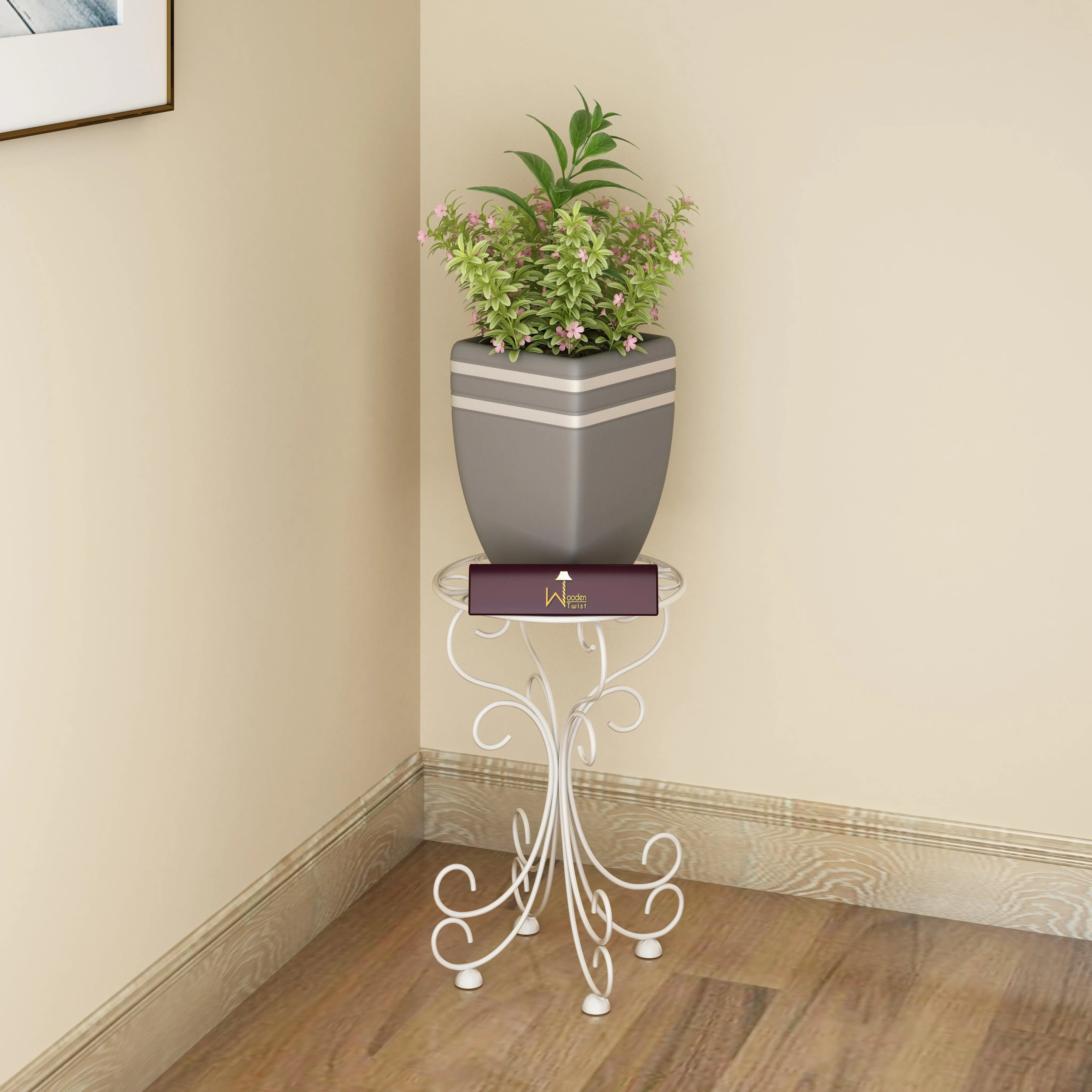 Wooden Twist Metal Plant Stand Patio Indoor Outdoor Wrought Iron/Flowers Planter Shelf (1 Tier White)