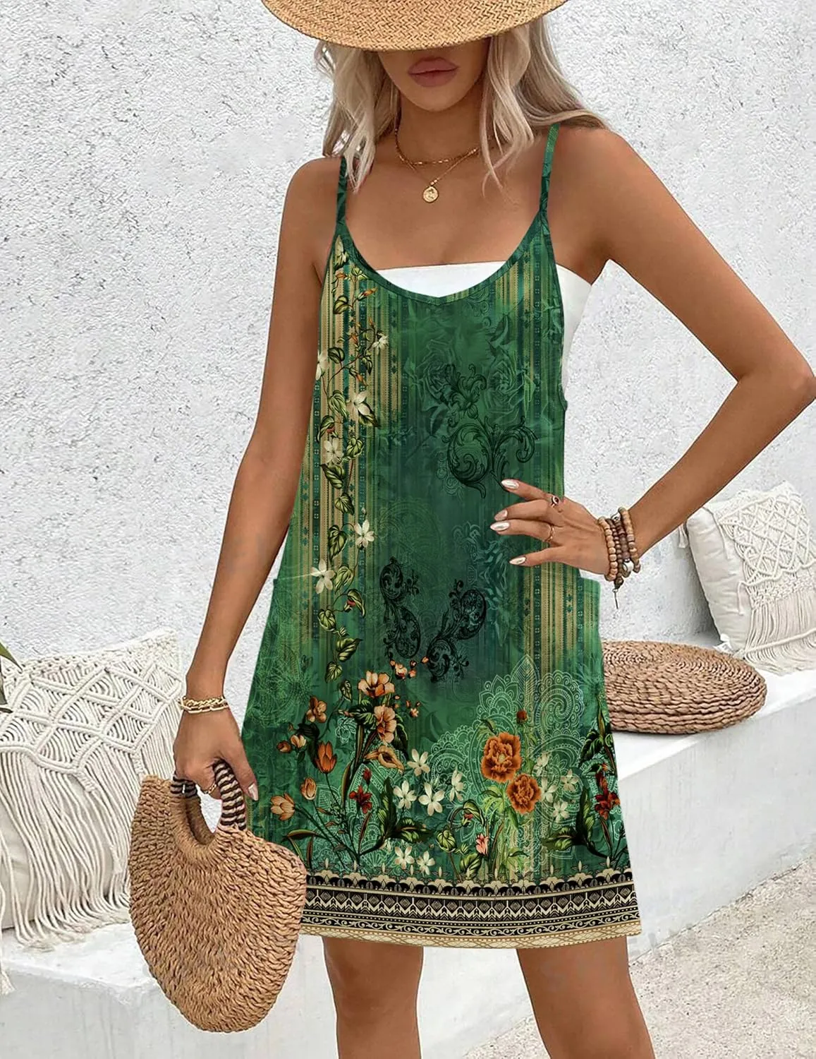 Zeagoo Casual Beach Dress Adjustable Strap Floral Boho Sundress