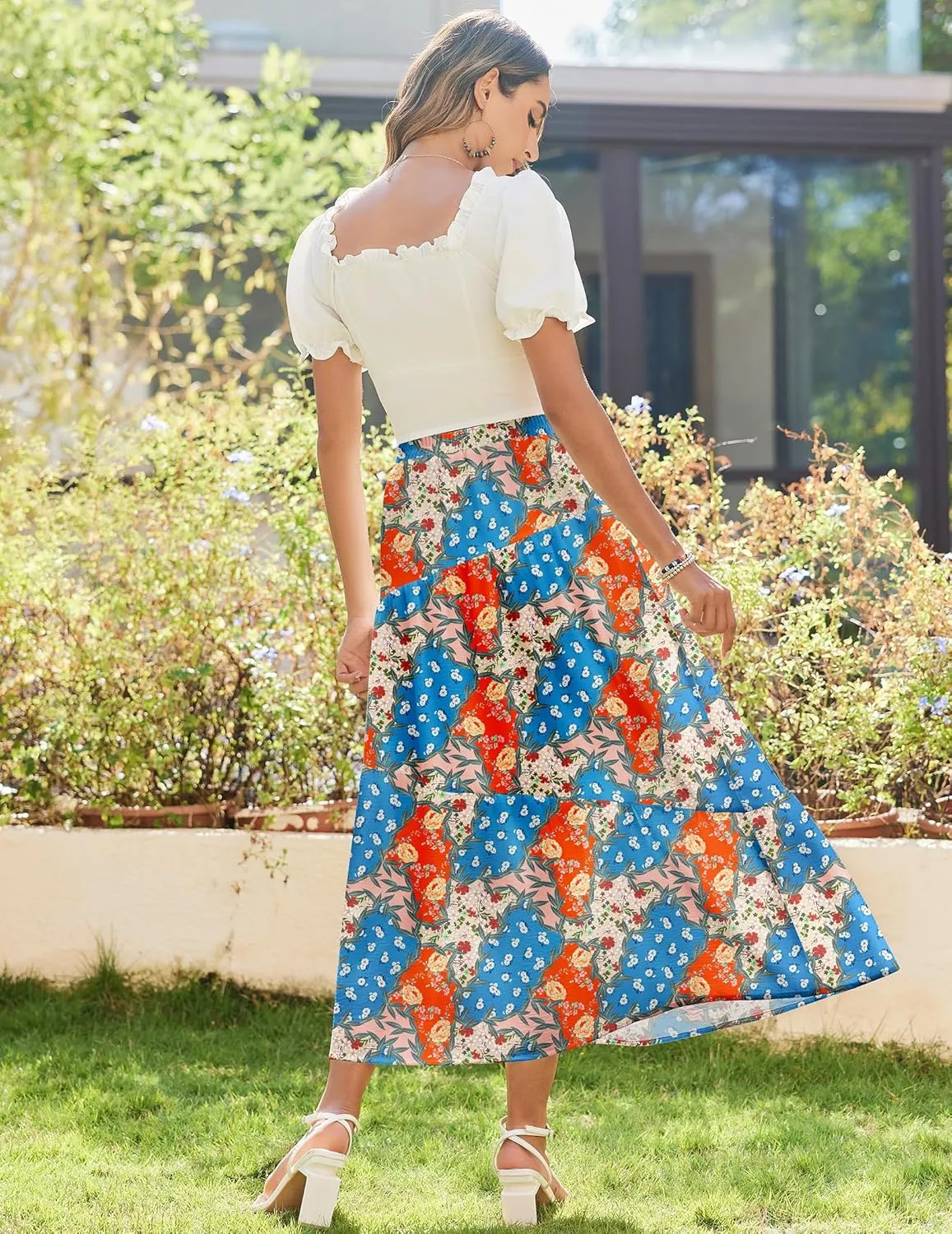 Zeagoo Maxi Skirts Boho Pleated A-Line Flowy Swing Skirt