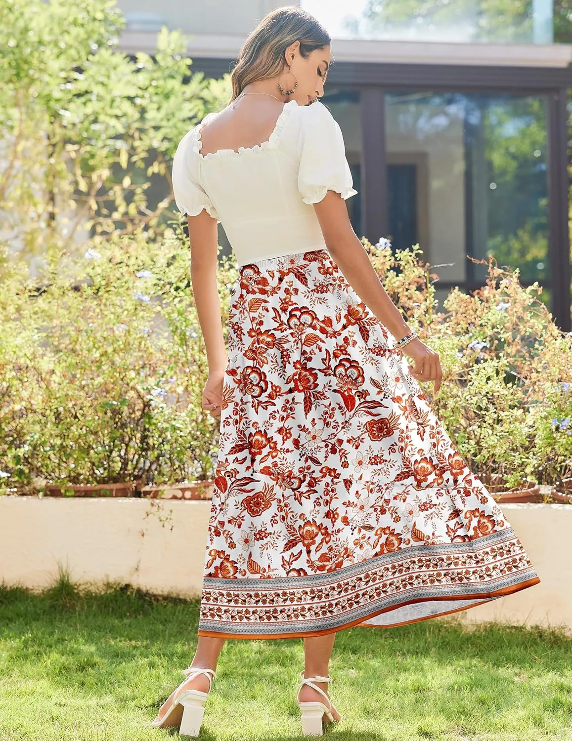 Zeagoo Maxi Skirts Boho Pleated A-Line Flowy Swing Skirt