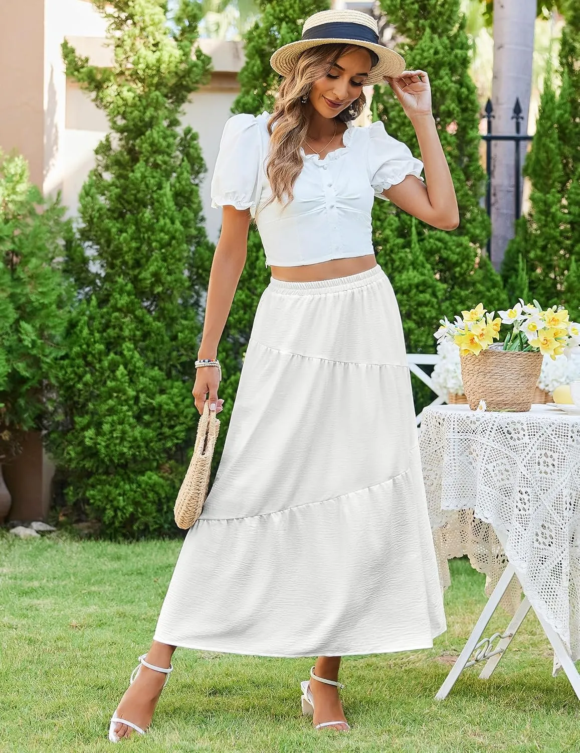 Zeagoo Maxi Skirts Boho Pleated A-Line Flowy Swing Skirt