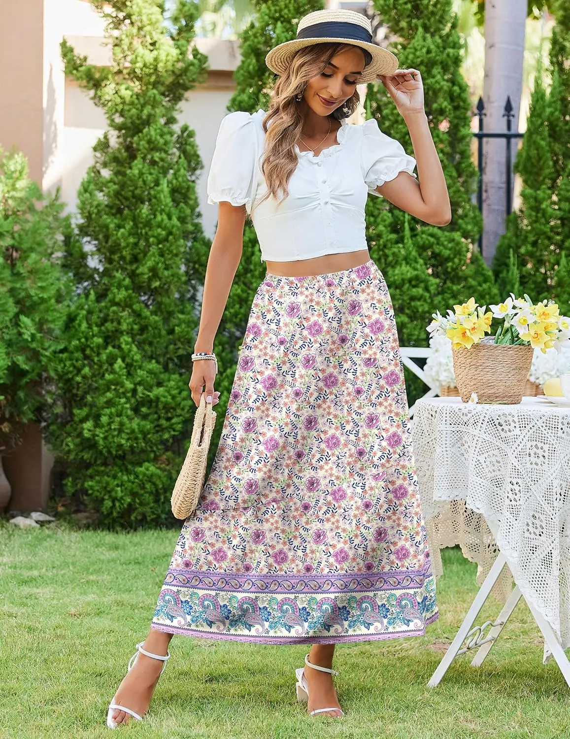 Zeagoo Maxi Skirts Boho Pleated A-Line Flowy Swing Skirt