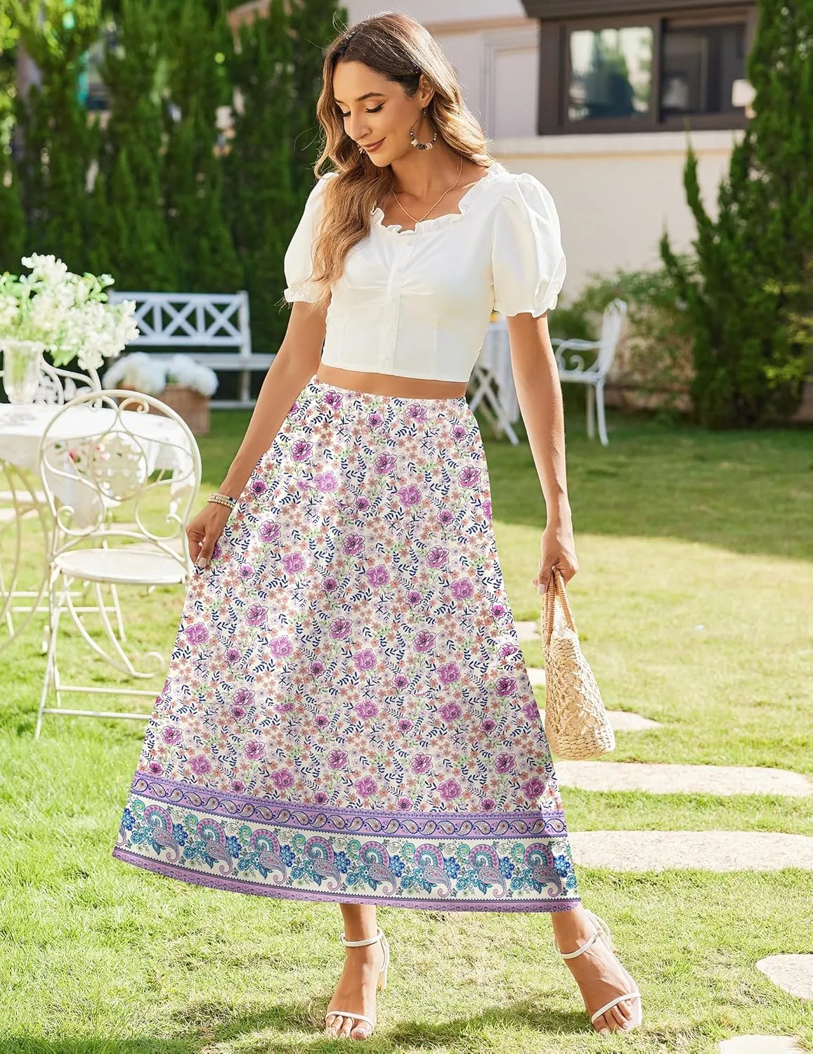 Zeagoo Maxi Skirts Boho Pleated A-Line Flowy Swing Skirt