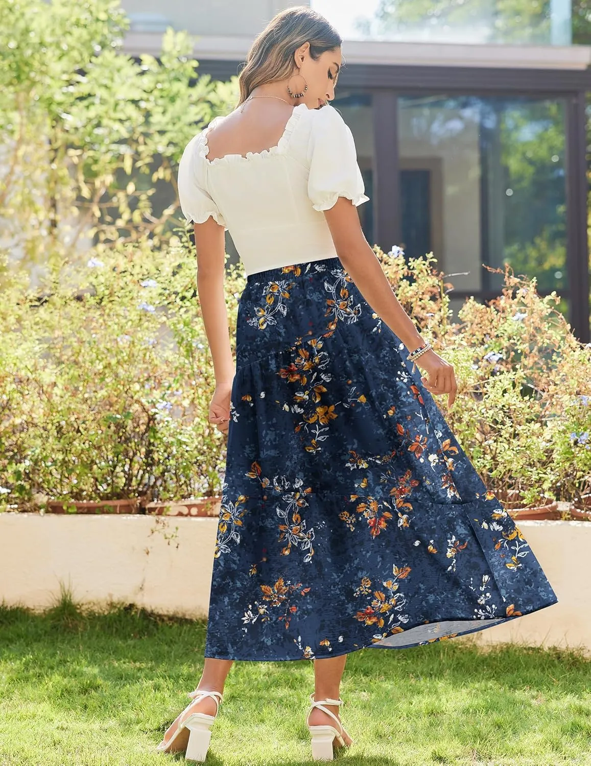 Zeagoo Maxi Skirts Boho Pleated A-Line Flowy Swing Skirt