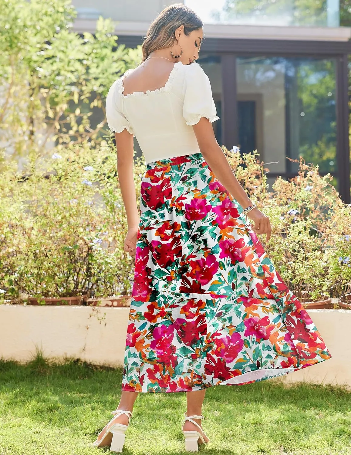 Zeagoo Maxi Skirts Boho Pleated A-Line Flowy Swing Skirt