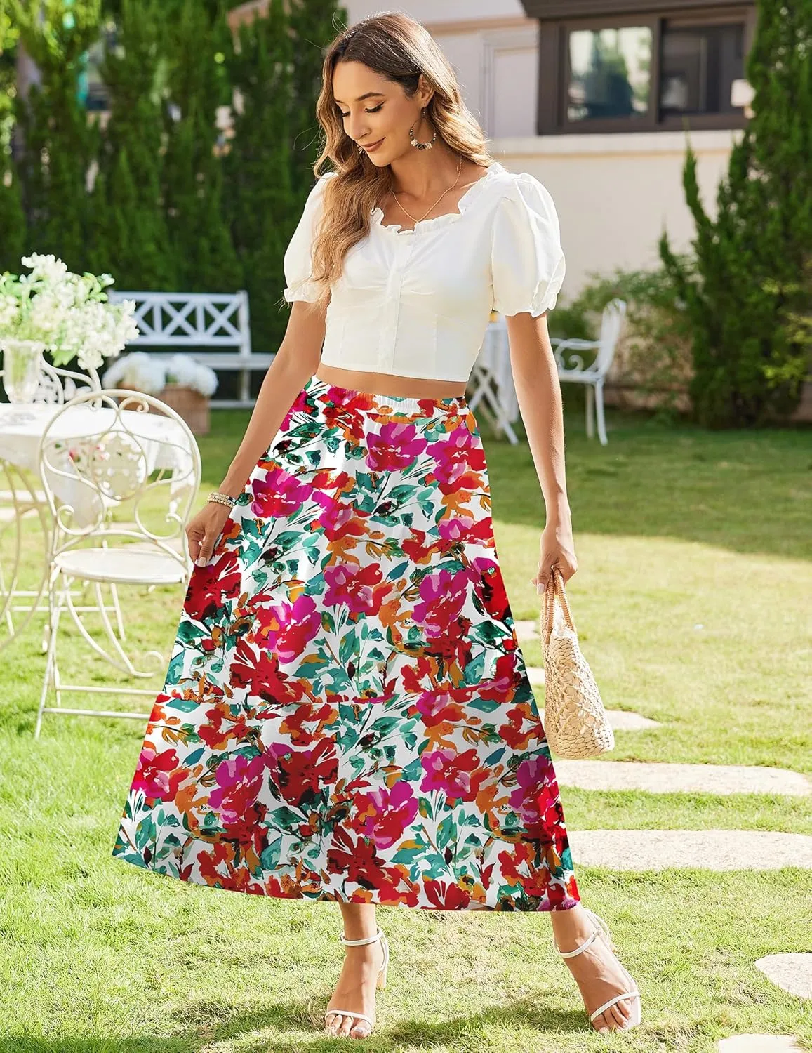 Zeagoo Maxi Skirts Boho Pleated A-Line Flowy Swing Skirt