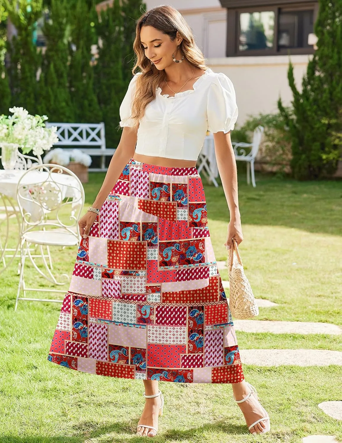 Zeagoo Maxi Skirts Boho Pleated A-Line Flowy Swing Skirt